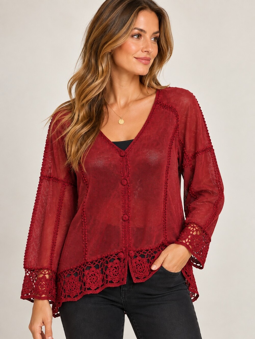 Vintage S.M.H Boutique Burgundy Genuine Leather Crochet Rose Cardigan Jacket XL